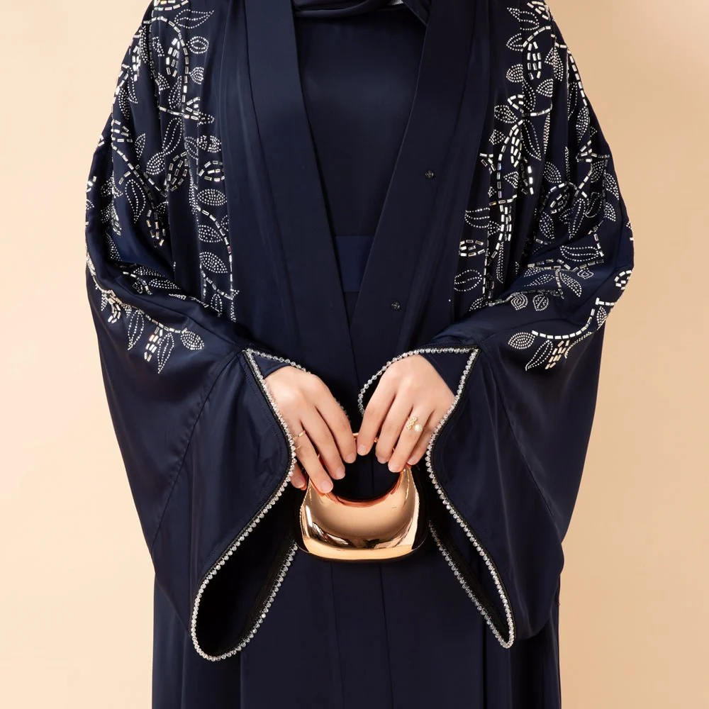 Leaf Embellishment Satin 3-Piece Abaya Set for Eid (MOA244)