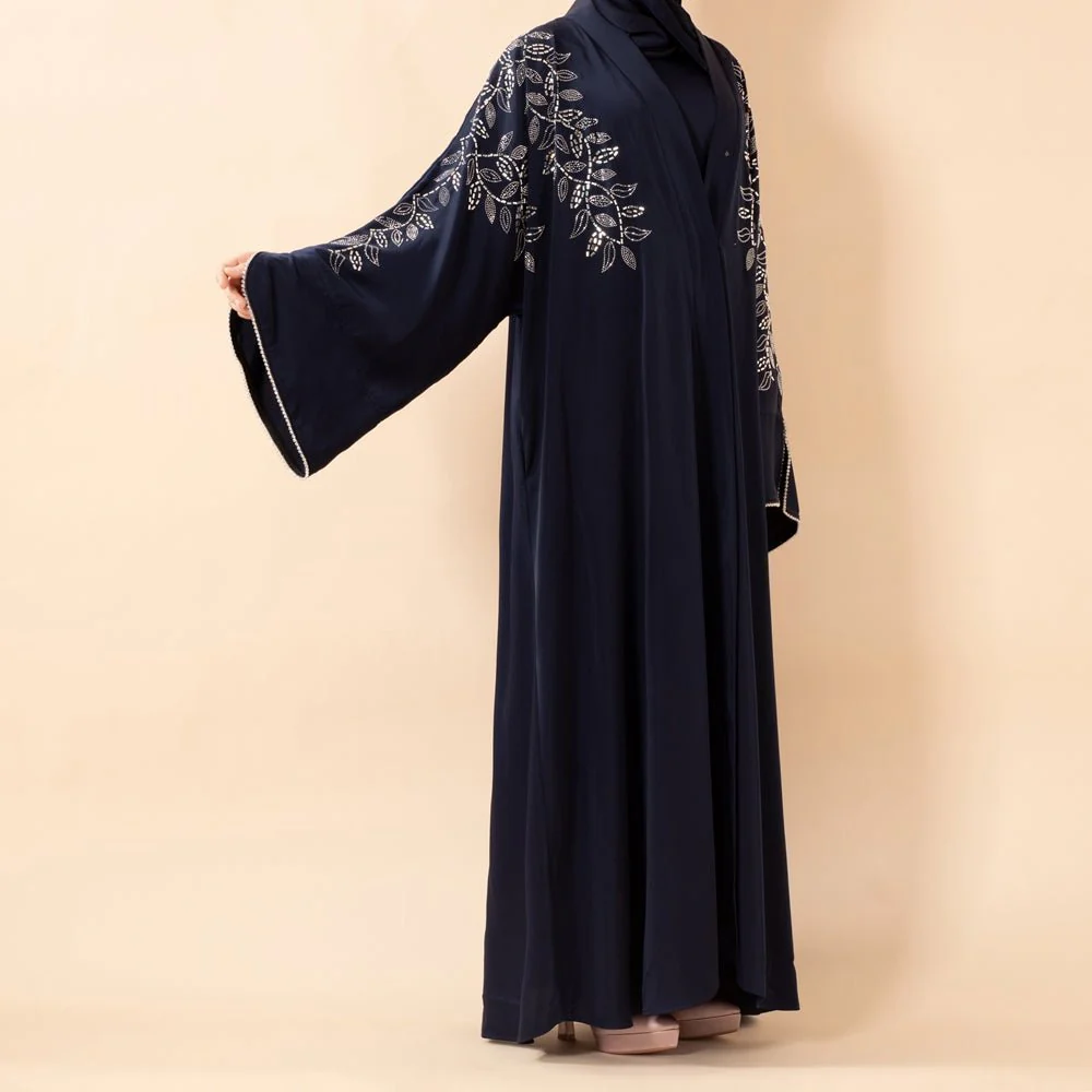 Leaf Embellishment Satin 3-Piece Abaya Set for Eid (MOA244) - Image 10