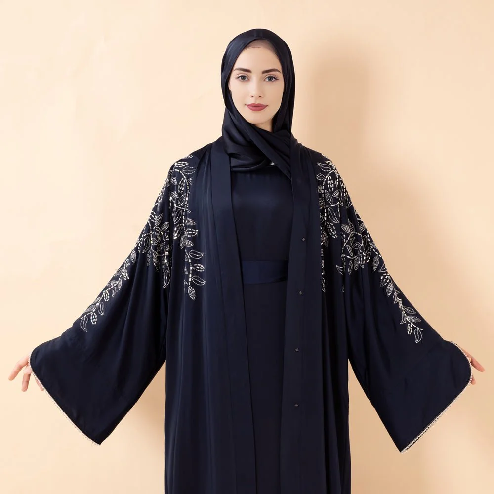 Leaf Embellishment Satin 3-Piece Abaya Set for Eid (MOA244) - Image 11