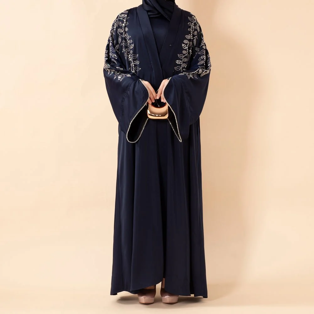 Leaf Embellishment Satin 3-Piece Abaya Set for Eid (MOA244) - Image 2