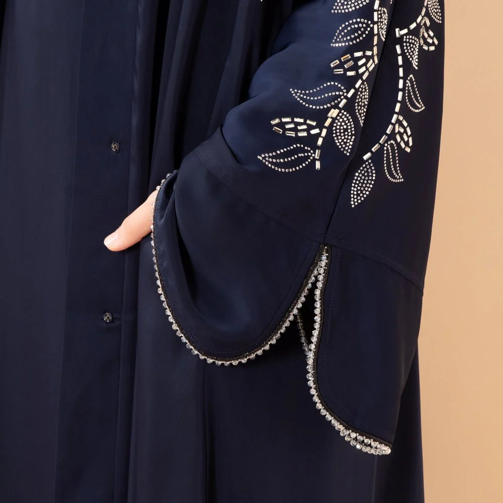 Leaf Embellishment Satin 3-Piece Abaya Set for Eid (MOA244) - Image 3