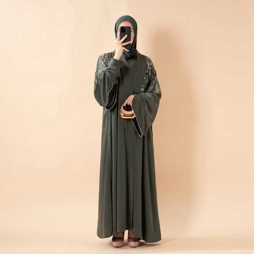Leaf Embellishment Satin 3-Piece Abaya Set for Eid (MOA244) - Image 4