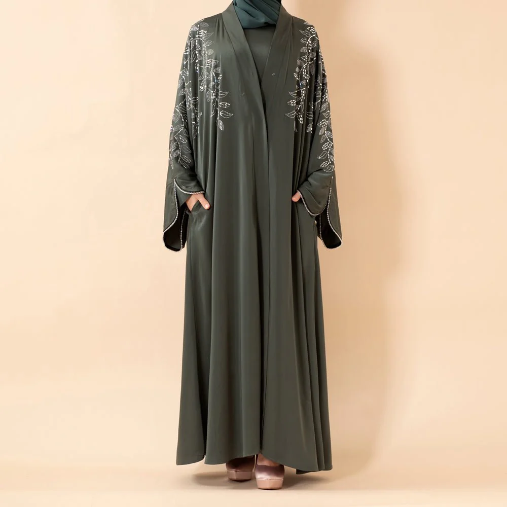 Leaf Embellishment Satin 3-Piece Abaya Set for Eid (MOA244) - Image 5