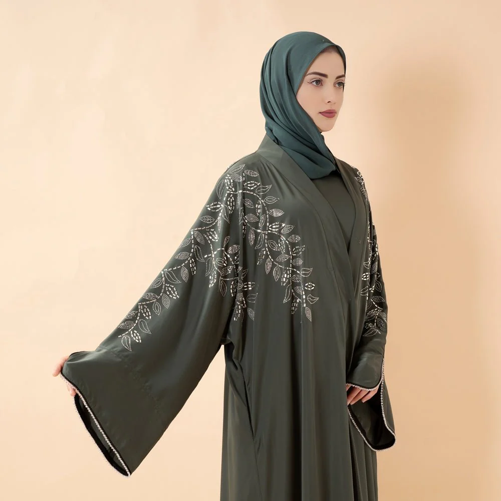 Leaf Embellishment Satin 3-Piece Abaya Set for Eid (MOA244) - Image 6