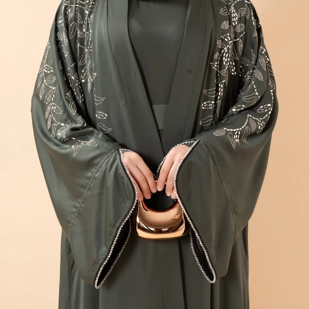 Leaf Embellishment Satin 3-Piece Abaya Set for Eid (MOA244) - Image 7