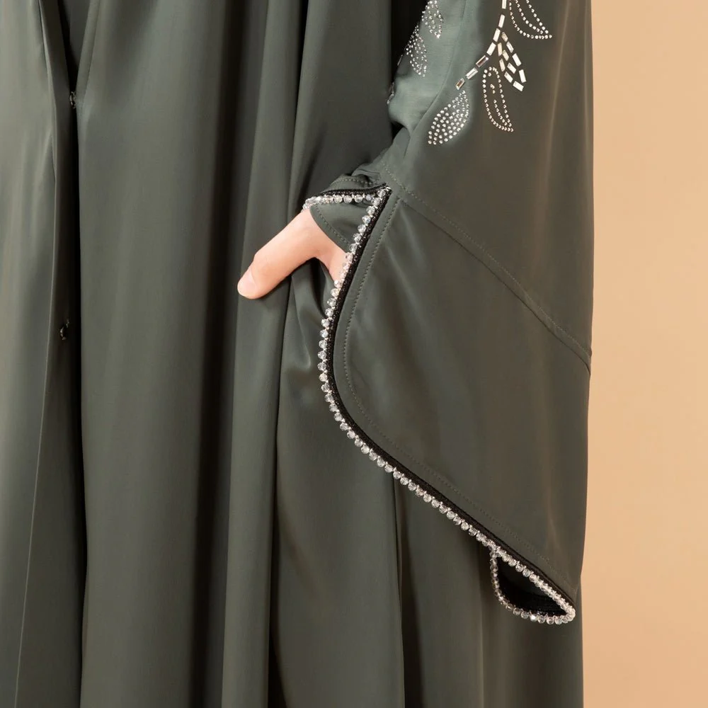 Leaf Embellishment Satin 3-Piece Abaya Set for Eid (MOA244) - Image 8