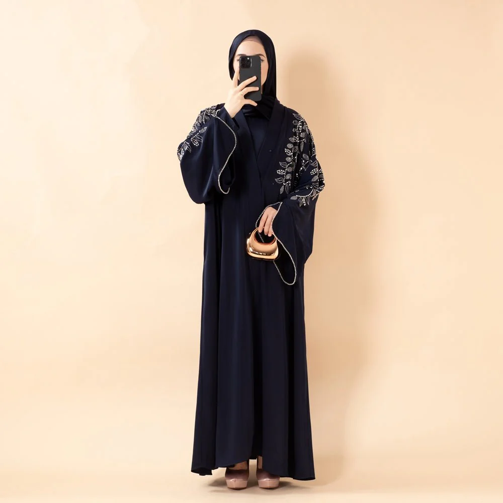 Leaf Embellishment Satin 3-Piece Abaya Set for Eid (MOA244) - Image 9