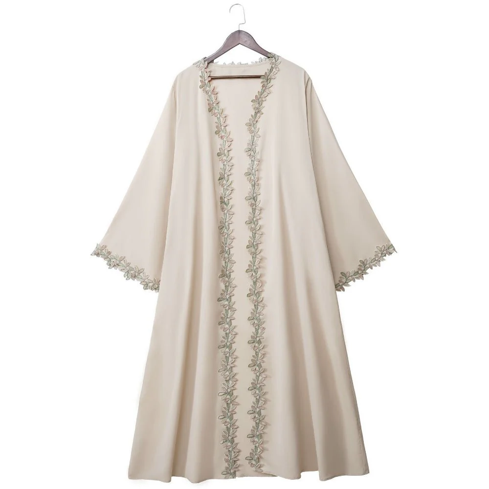 Leaf Lace Trim Abaya | Elegant Embroidered Open-Front Maxi Dress(MOA255) - Image 10