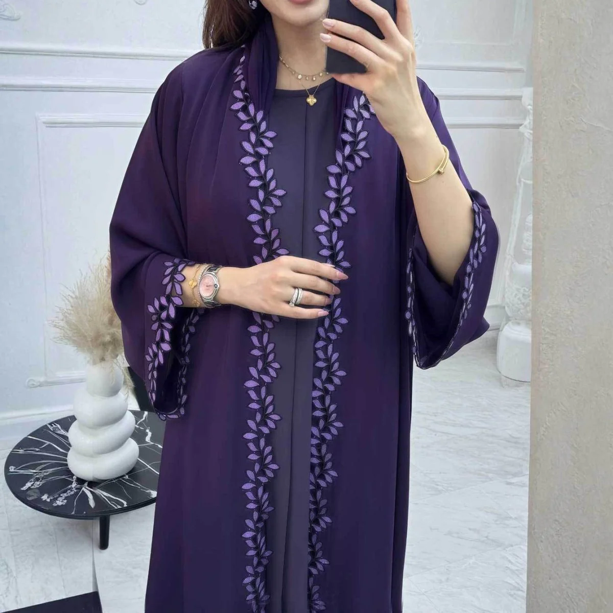 Leaf Lace Trim Abaya | Elegant Embroidered Open-Front Maxi Dress(MOA255) - Image 15