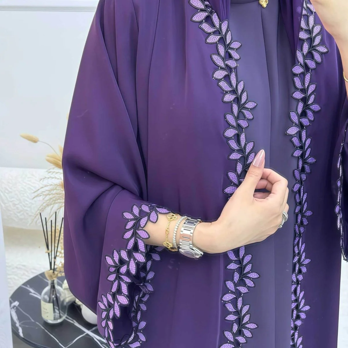 Leaf Lace Trim Abaya | Elegant Embroidered Open-Front Maxi Dress(MOA255) - Image 16