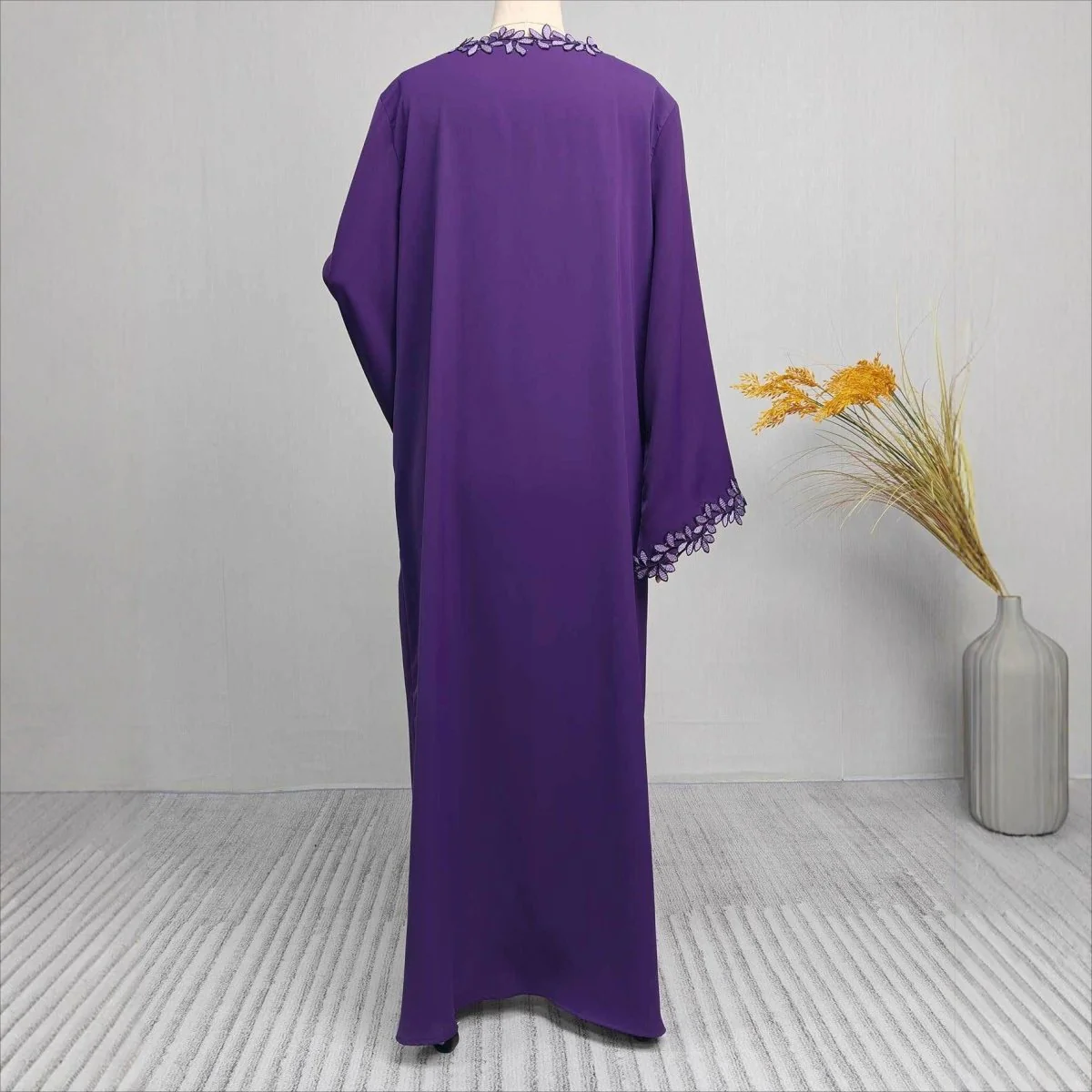 Leaf Lace Trim Abaya | Elegant Embroidered Open-Front Maxi Dress(MOA255) - Image 17