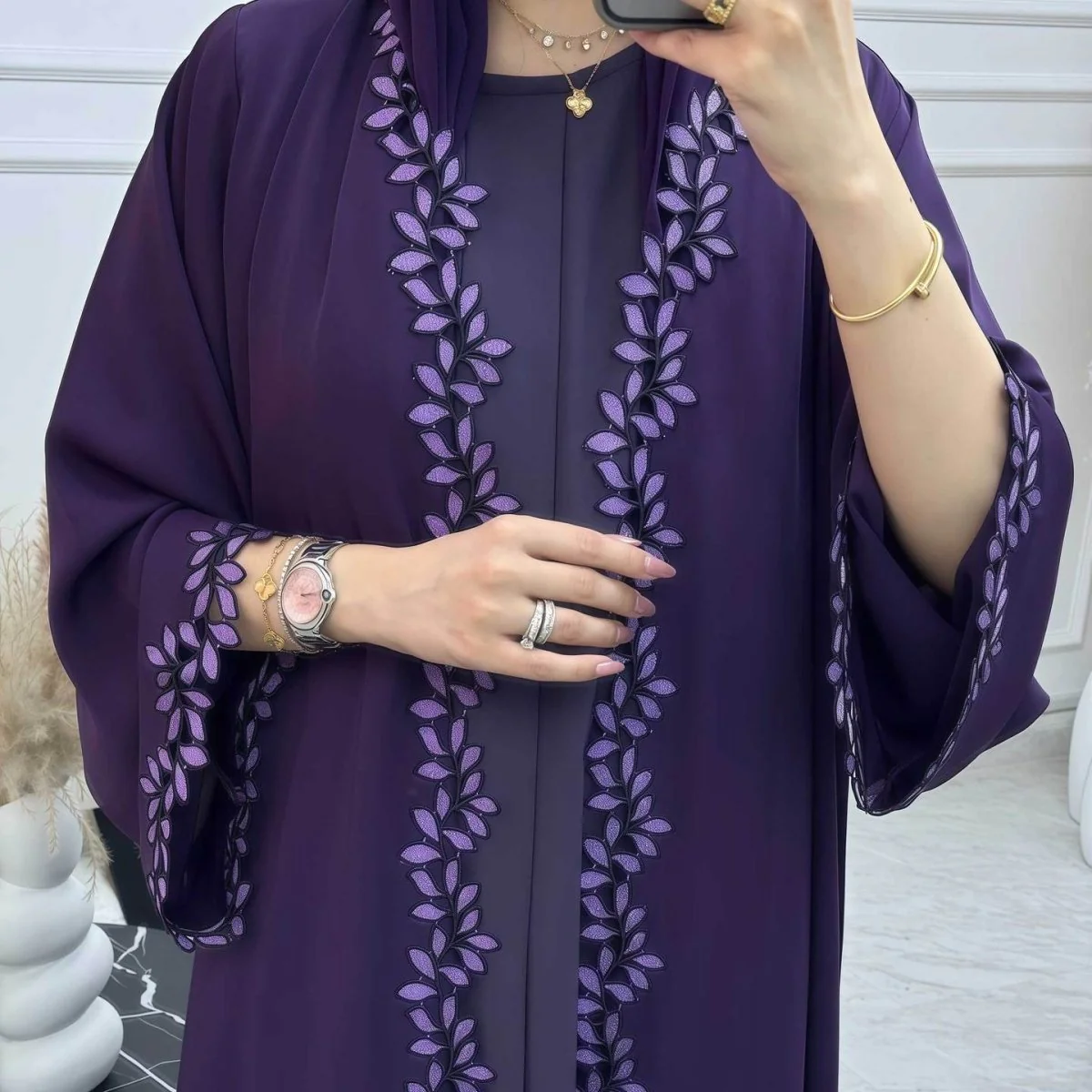 Leaf Lace Trim Abaya | Elegant Embroidered Open-Front Maxi Dress(MOA255) - Image 18