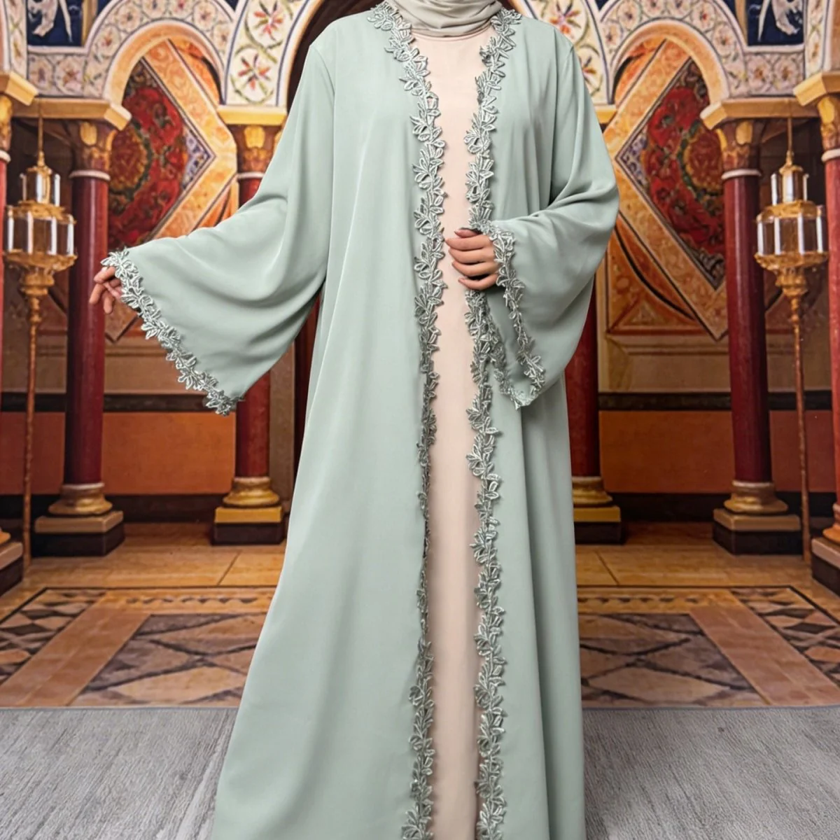Leaf Lace Trim Abaya | Elegant Embroidered Open-Front Maxi Dress(MOA255) - Image 19
