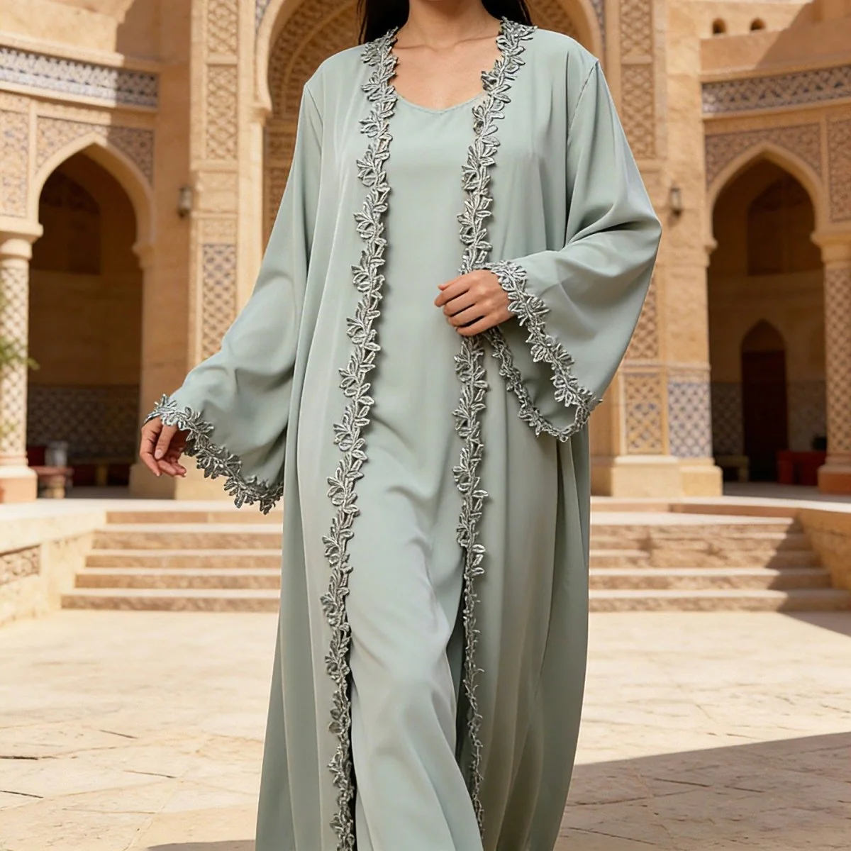 Leaf Lace Trim Abaya | Elegant Embroidered Open-Front Maxi Dress(MOA255) - Image 20