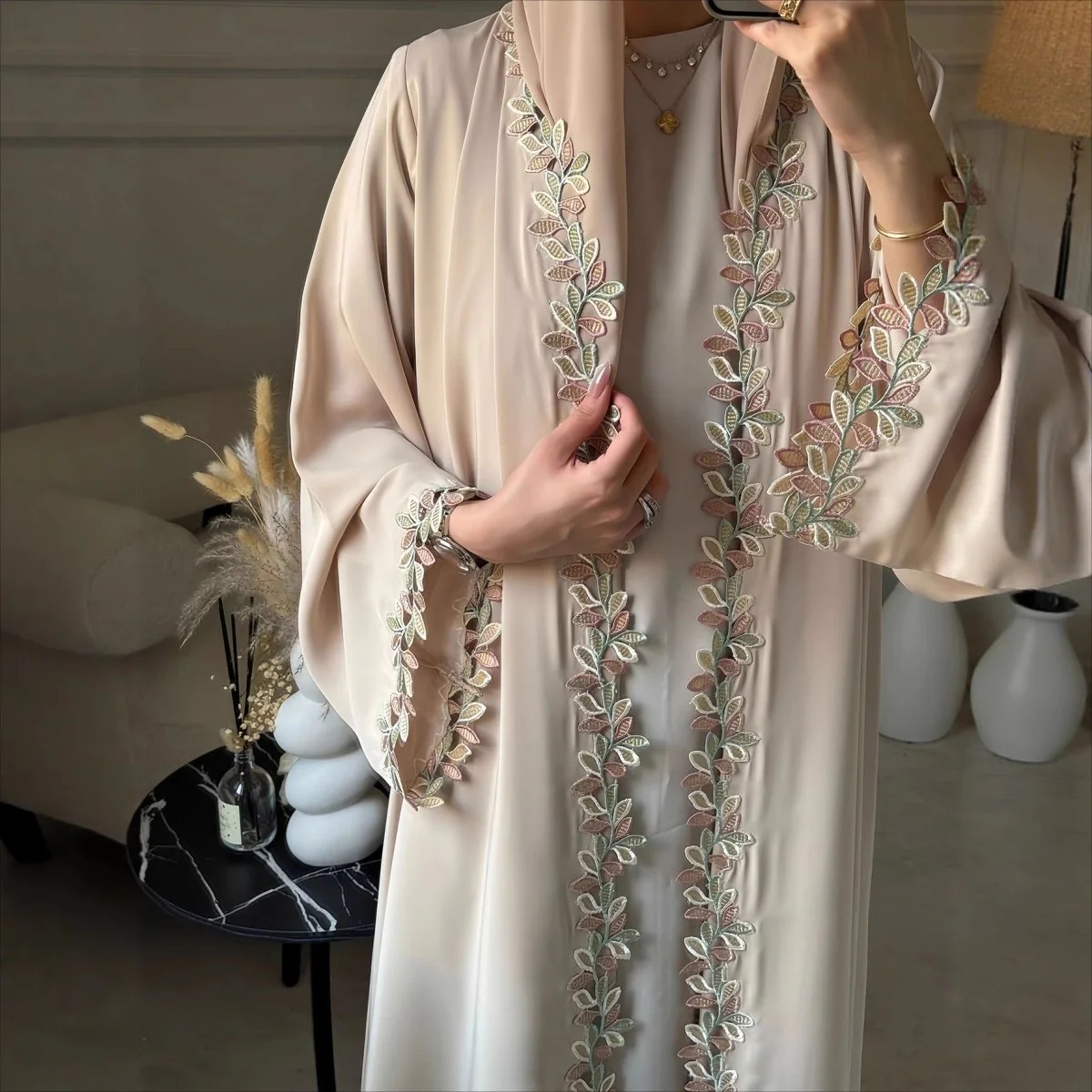 Leaf Lace Trim Abaya | Elegant Embroidered Open-Front Maxi Dress(MOA255) - Image 3