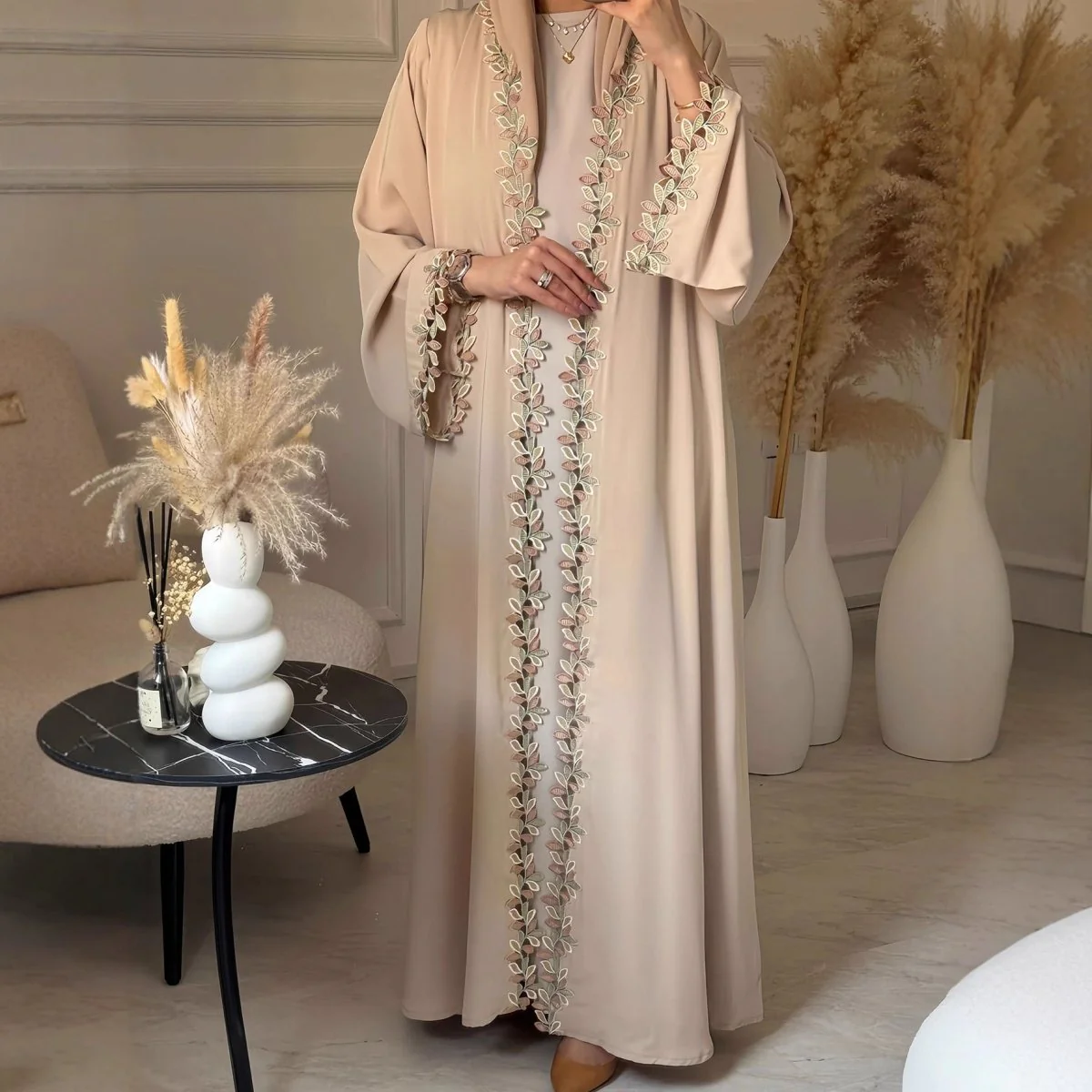 Leaf Lace Trim Abaya | Elegant Embroidered Open-Front Maxi Dress(MOA255) - Image 4