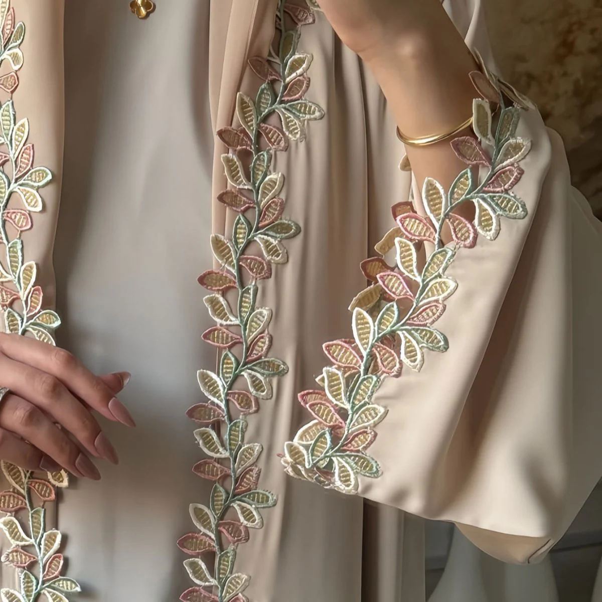 Leaf Lace Trim Abaya | Elegant Embroidered Open-Front Maxi Dress(MOA255) - Image 5