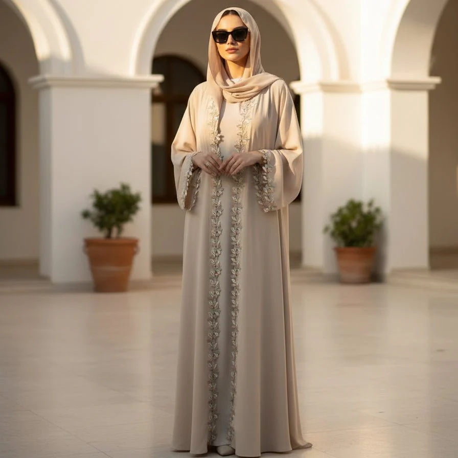 Leaf Lace Trim Abaya | Elegant Embroidered Open-Front Maxi Dress(MOA255) - Image 6