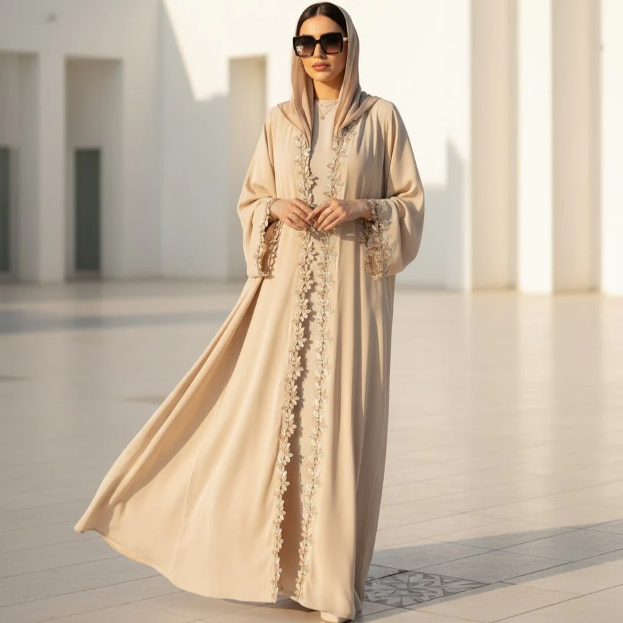 Leaf Lace Trim Abaya | Elegant Embroidered Open-Front Maxi Dress(MOA255) - Image 7