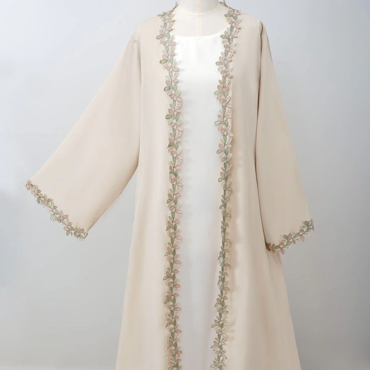Leaf Lace Trim Abaya | Elegant Embroidered Open-Front Maxi Dress(MOA255) - Image 8
