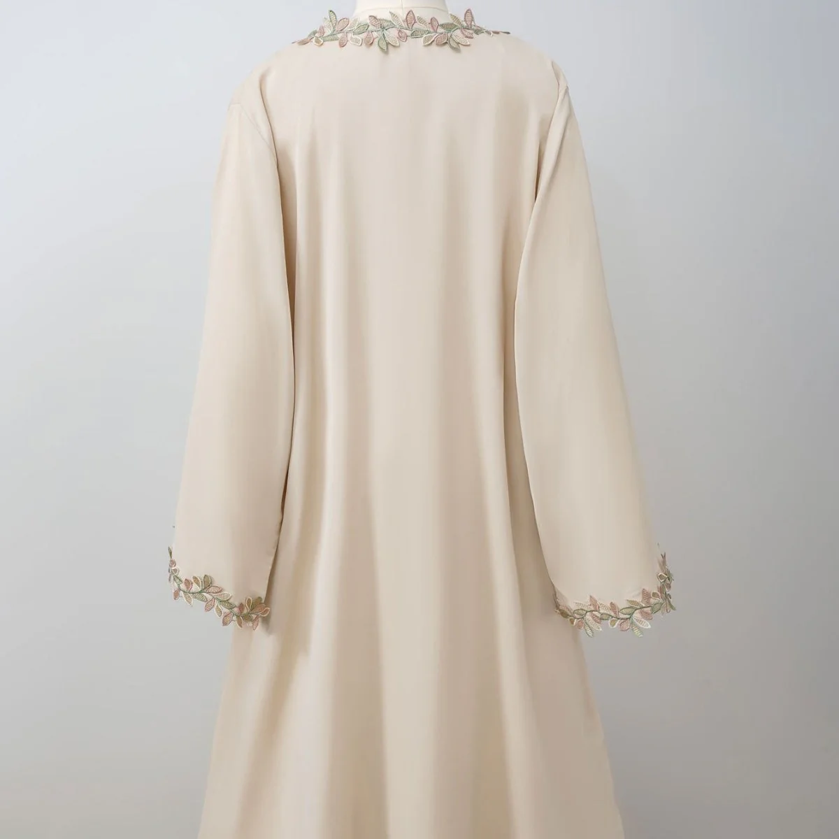 Leaf Lace Trim Abaya | Elegant Embroidered Open-Front Maxi Dress(MOA255) - Image 9