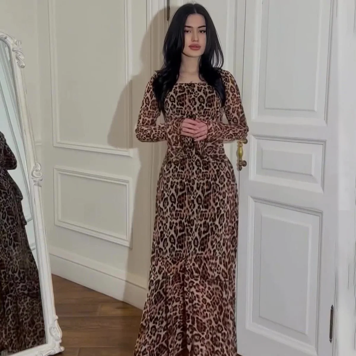 Leopard Print Chiffon Dress with Ruffle Sleeves(MS336) - Image 2