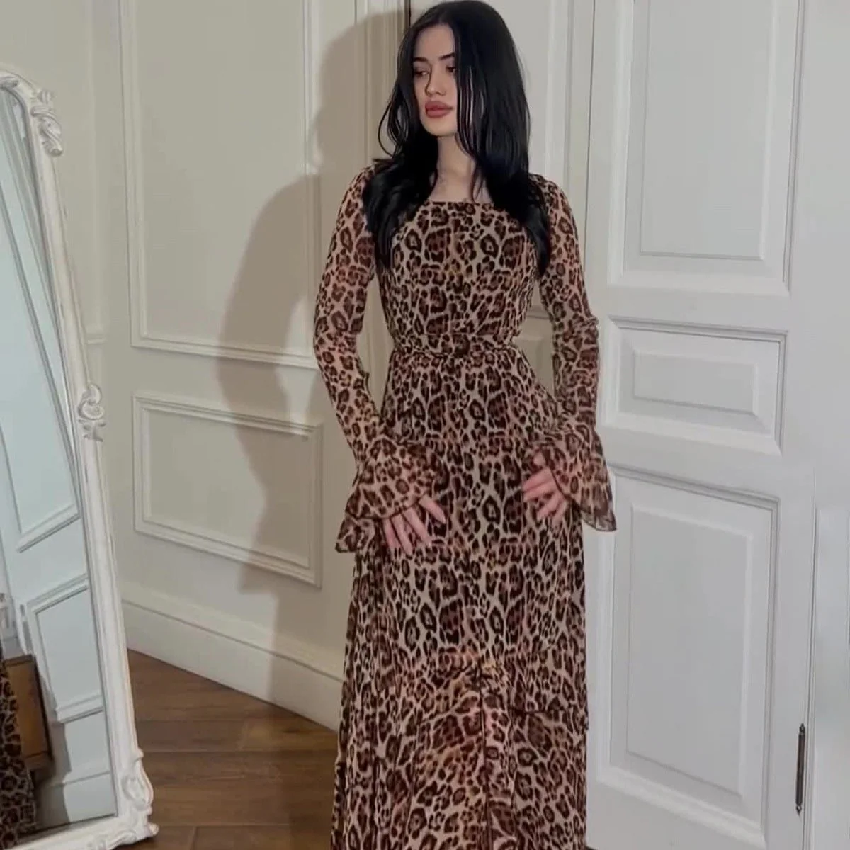 Leopard Print Chiffon Dress with Ruffle Sleeves(MS336) - Image 3