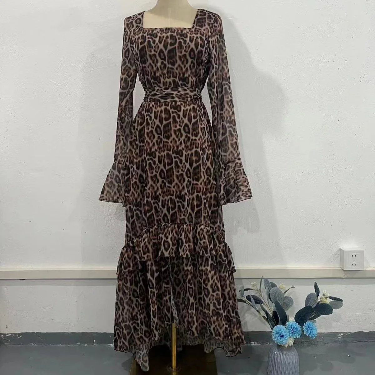 Leopard Print Chiffon Dress with Ruffle Sleeves(MS336) - Image 5
