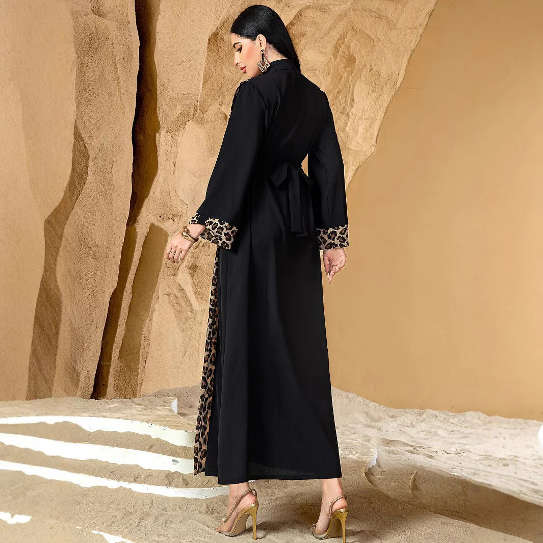 Leopard Print Colorblock Abaya | Deep V-Neck Belted Maxi Dress(MS213) - Image 2