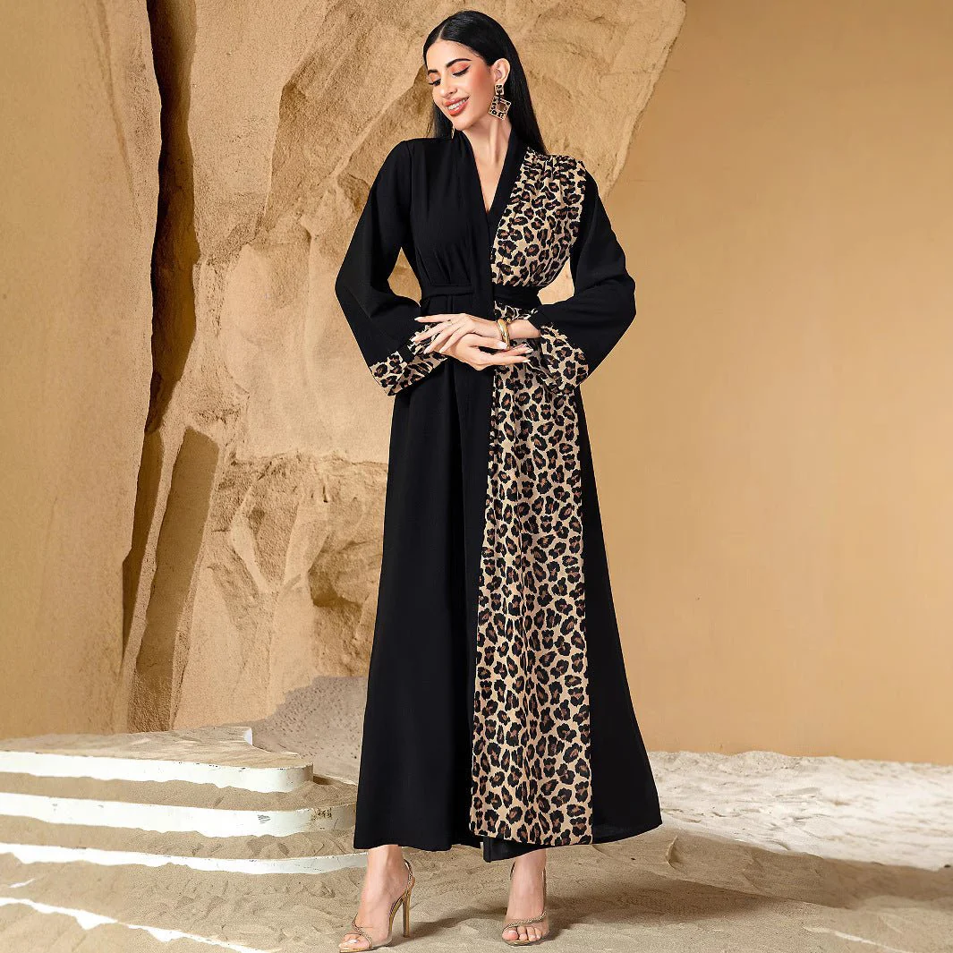 Leopard Print Colorblock Abaya | Deep V-Neck Belted Maxi Dress(MS213) - Image 3