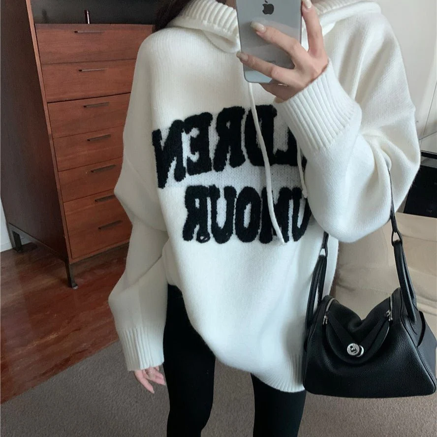 Letter Print Knit Pullover Hooded Sweater Top(MS170) - Image 10