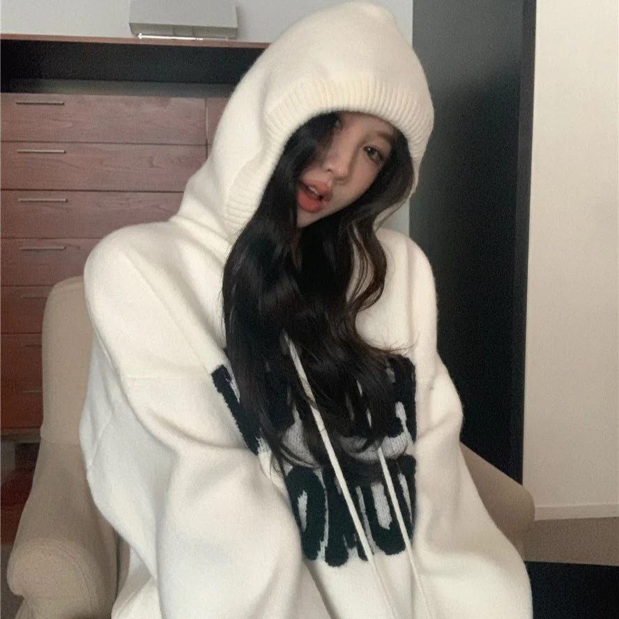 Letter Print Knit Pullover Hooded Sweater Top(MS170) - Image 11