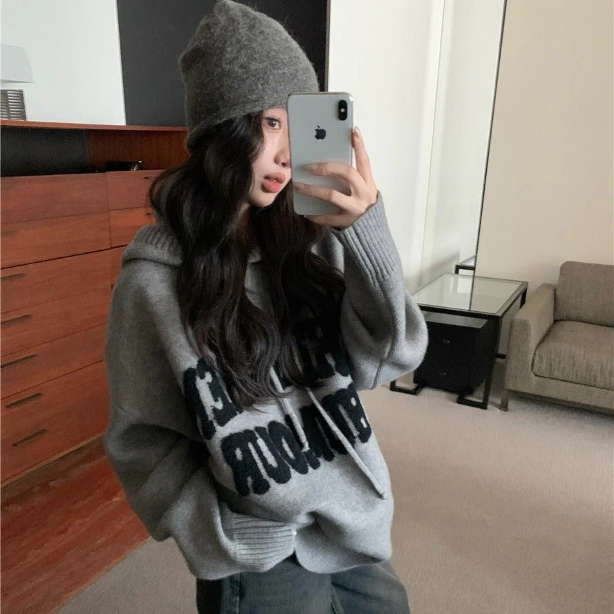 Letter Print Knit Pullover Hooded Sweater Top(MS170) - Image 12