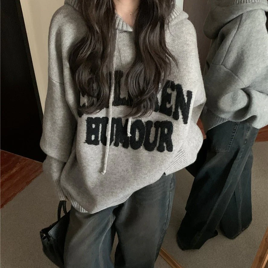 Letter Print Knit Pullover Hooded Sweater Top(MS170) - Image 13