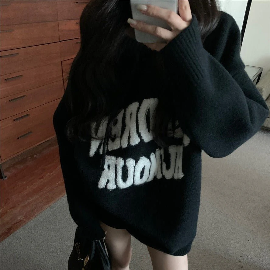 Letter Print Knit Pullover Hooded Sweater Top(MS170) - Image 14