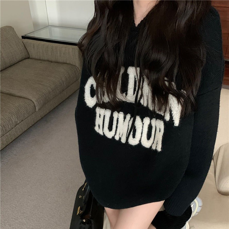 Letter Print Knit Pullover Hooded Sweater Top(MS170) - Image 15