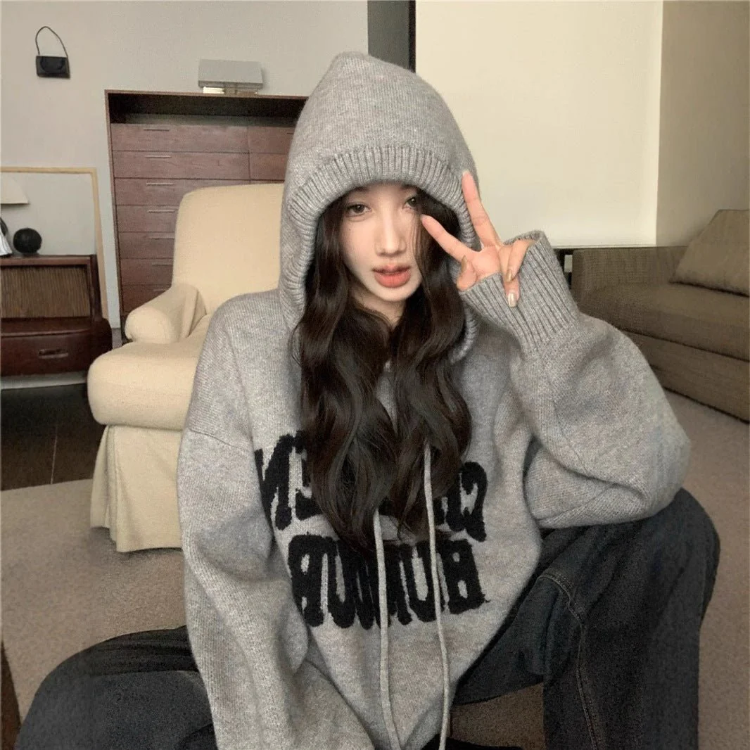 Letter Print Knit Pullover Hooded Sweater Top(MS170) - Image 2