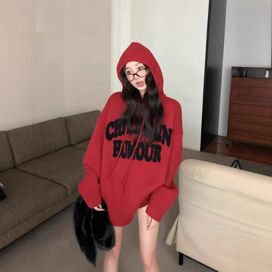 Letter Print Knit Pullover Hooded Sweater Top(MS170) - Image 3