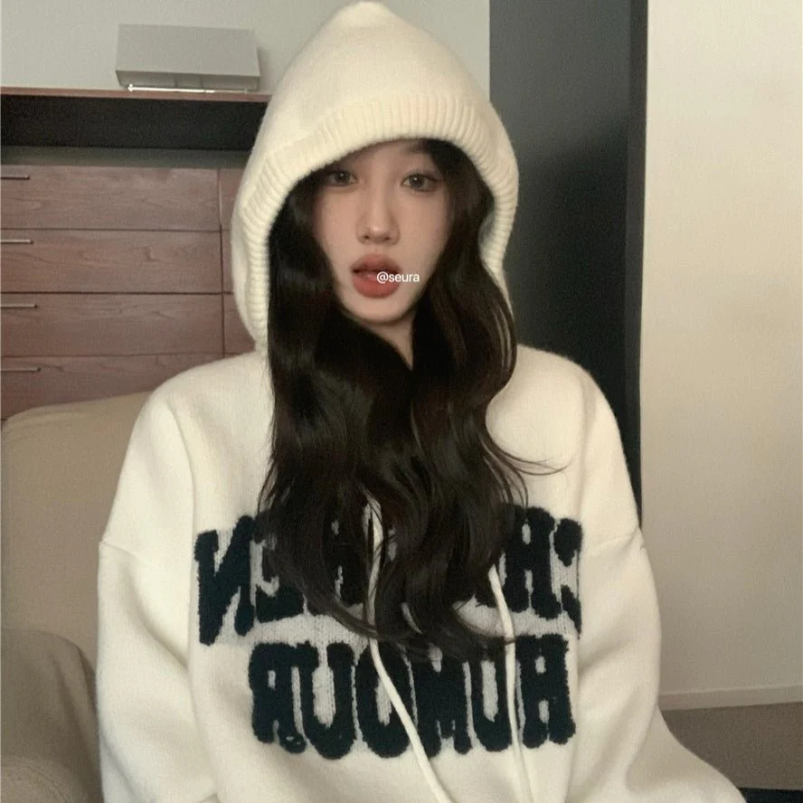 Letter Print Knit Pullover Hooded Sweater Top(MS170) - Image 4