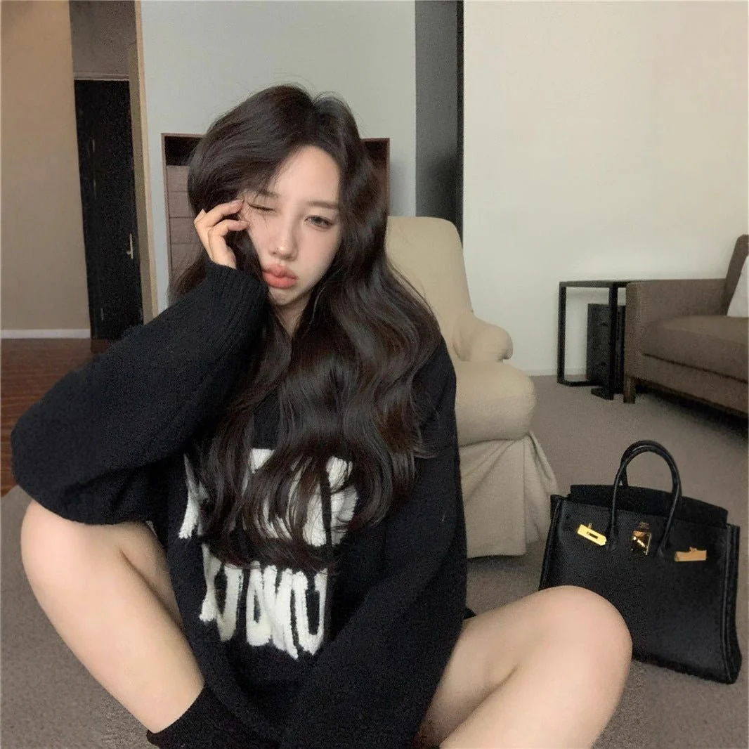 Letter Print Knit Pullover Hooded Sweater Top(MS170) - Image 5