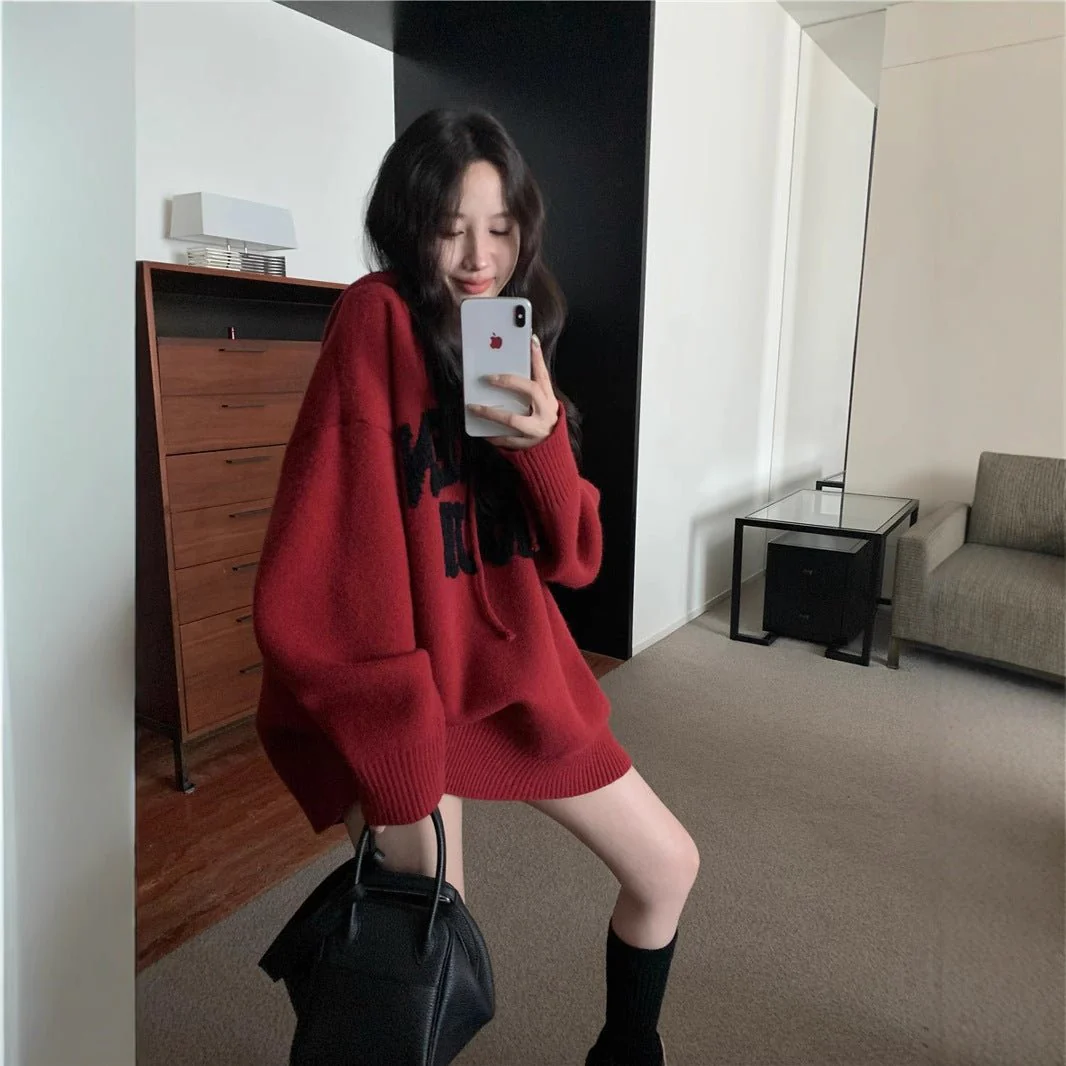 Letter Print Knit Pullover Hooded Sweater Top(MS170) - Image 6