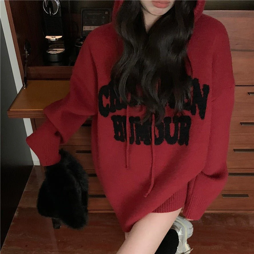 Letter Print Knit Pullover Hooded Sweater Top(MS170) - Image 7