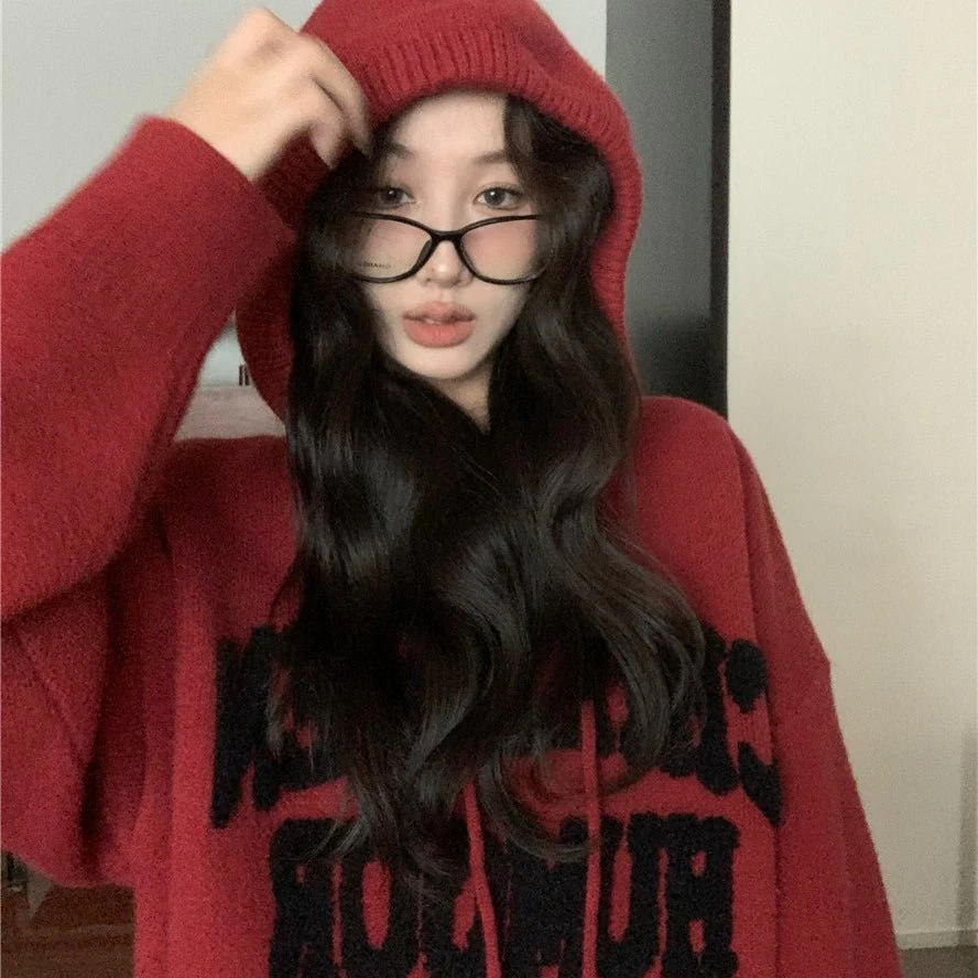Letter Print Knit Pullover Hooded Sweater Top(MS170) - Image 8