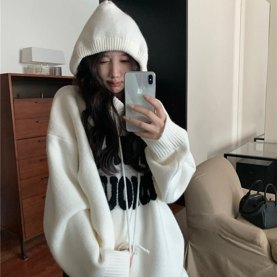 Letter Print Knit Pullover Hooded Sweater Top(MS170) - Image 9