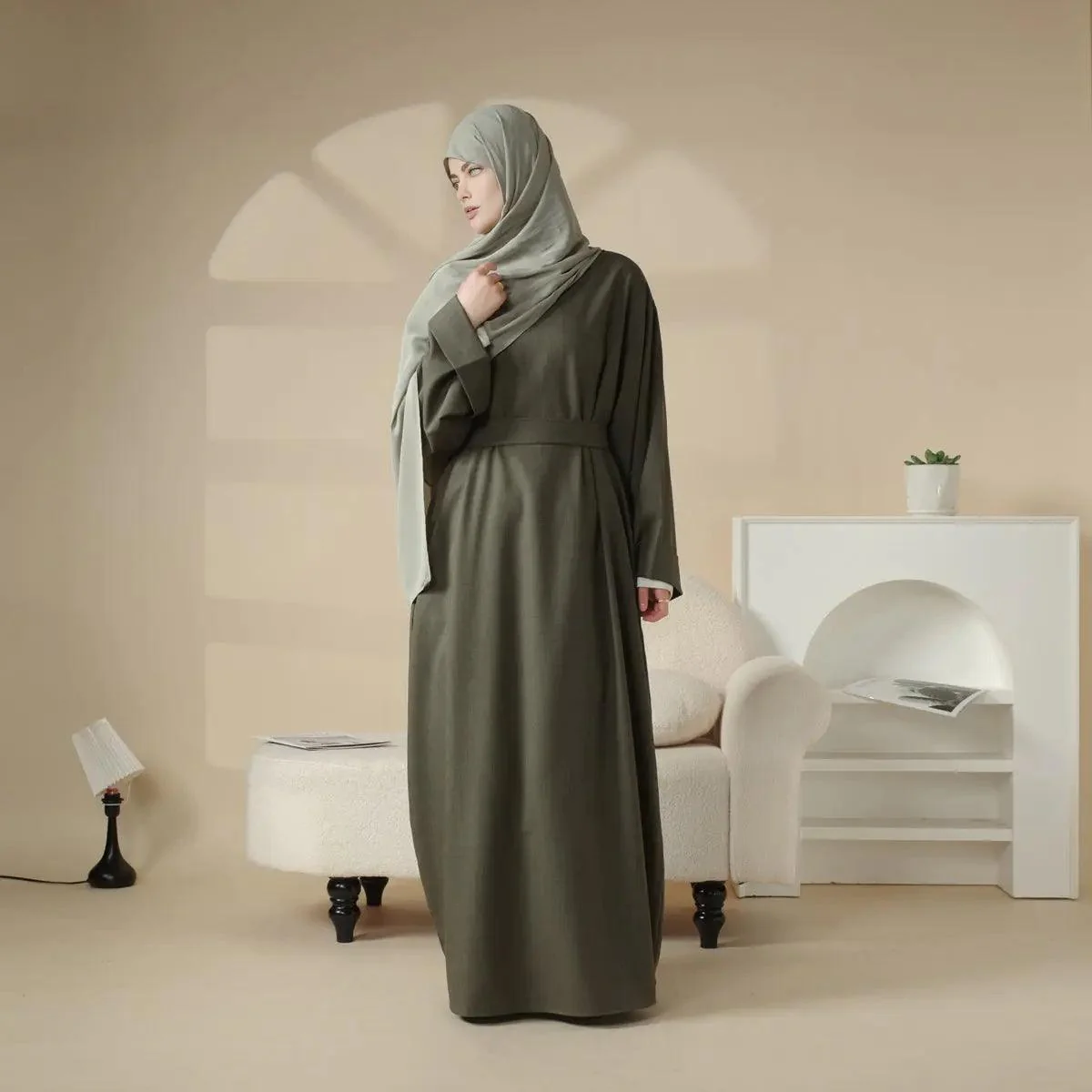 Linen Plain Abaya with Pockets 2-Piece Set (MA043) - Image 6