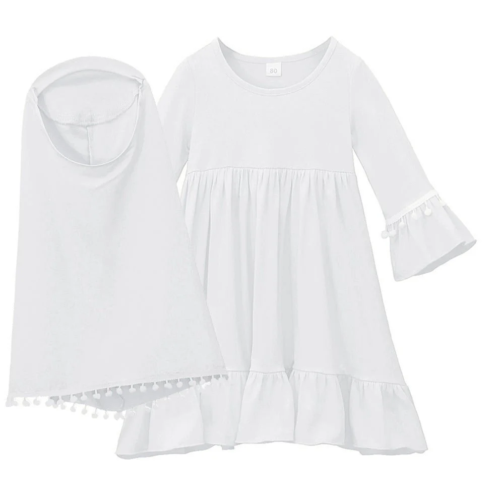 Little Muslimah Girls Dress & Hijab Set with Pom-Pom Trim (MKG028) - Image 10