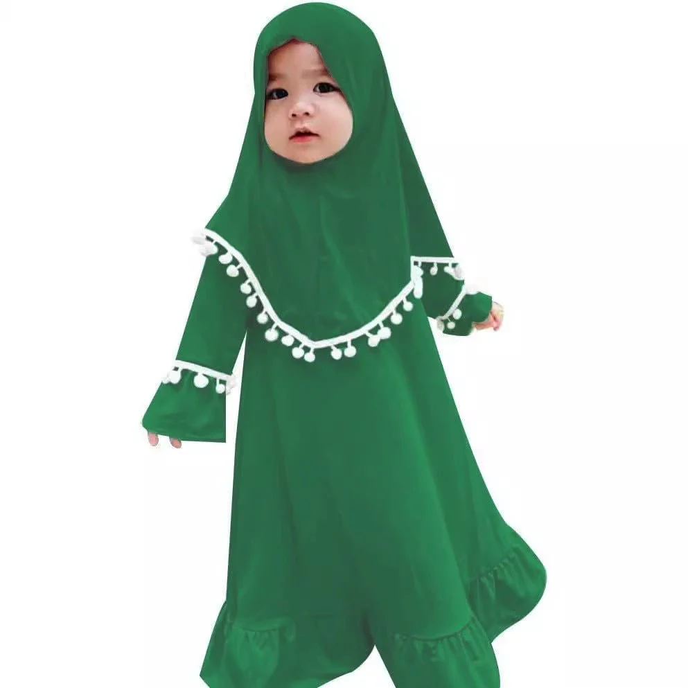 Little Muslimah Girls Dress & Hijab Set with Pom-Pom Trim (MKG028) - Image 2