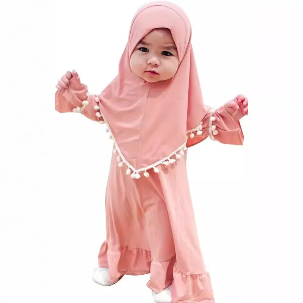 Little Muslimah Girls Dress & Hijab Set with Pom-Pom Trim (MKG028) - Image 3