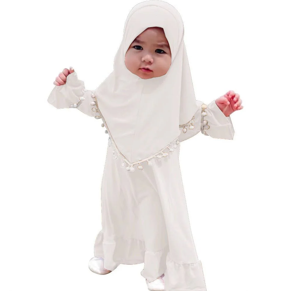 Little Muslimah Girls Dress & Hijab Set with Pom-Pom Trim (MKG028) - Image 4