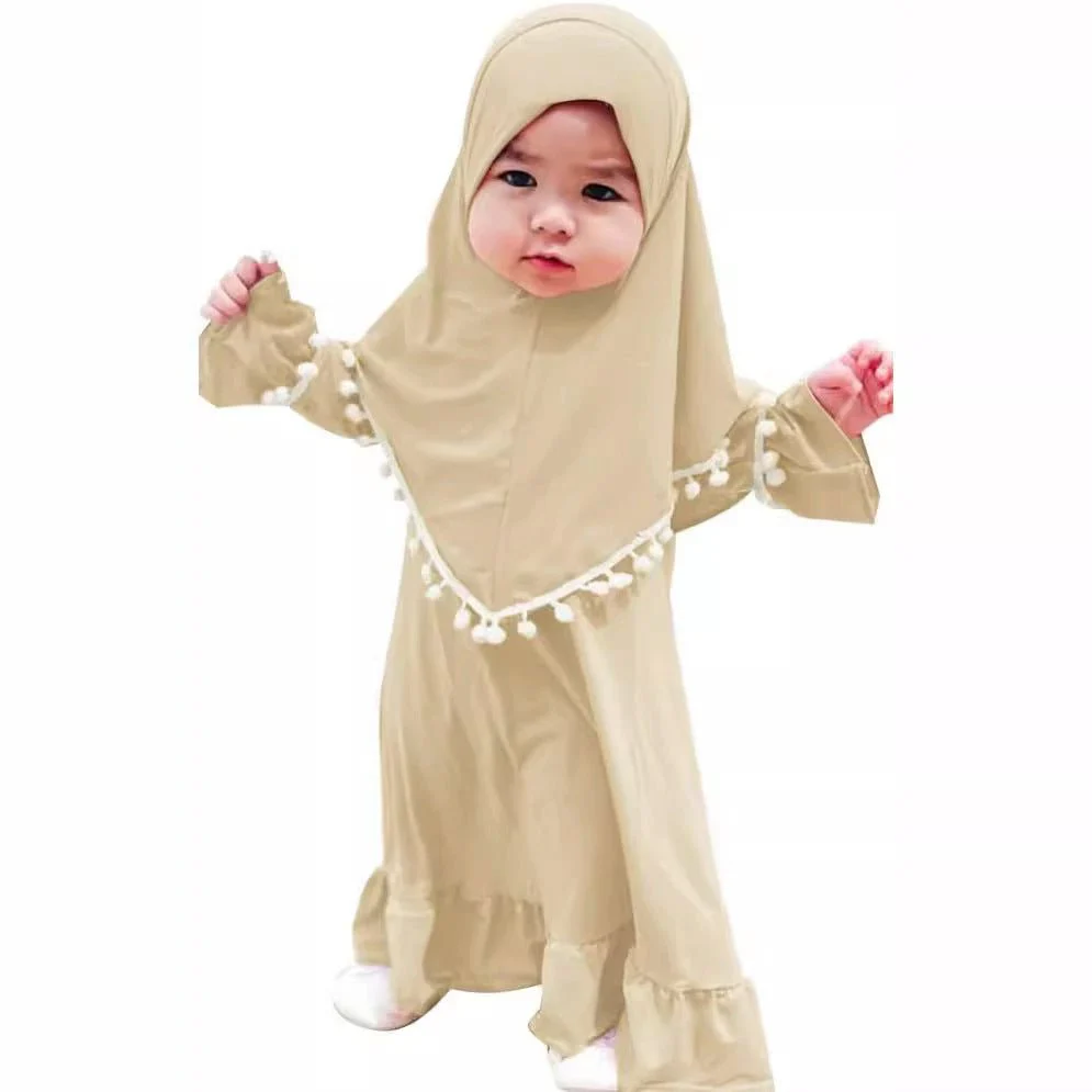 Little Muslimah Girls Dress & Hijab Set with Pom-Pom Trim (MKG028) - Image 5